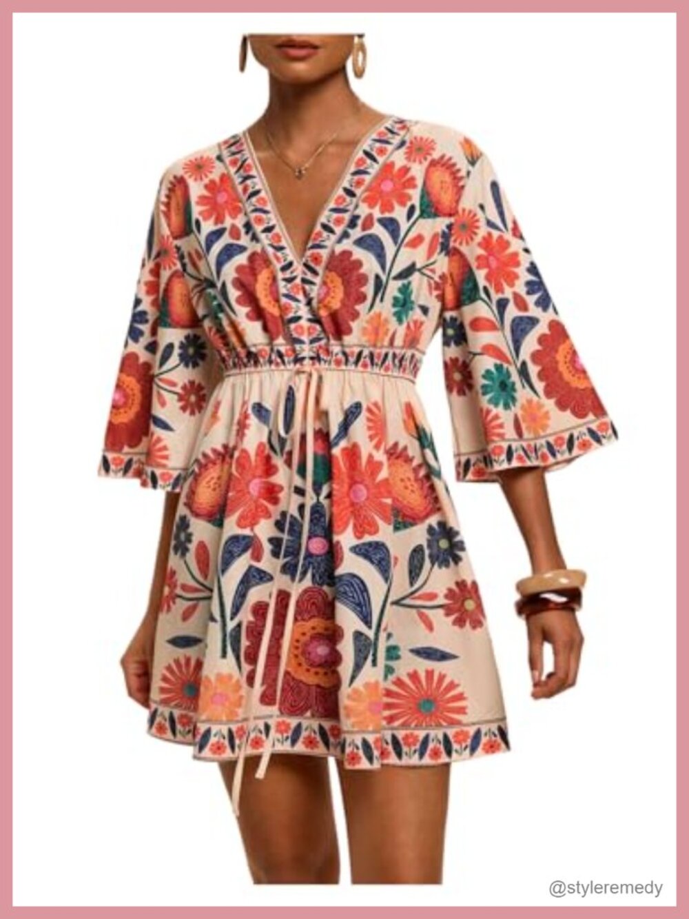 Boho Floral V Neck Short Dress 3/4 Sleeve Ruffle Hem Tie Front